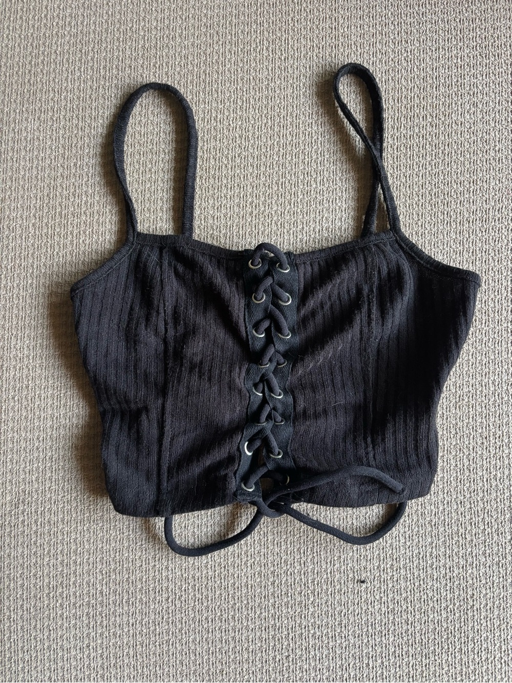 SHEIN Black Ribbed Lace-Up Spaghetti Strap Crop Top - Picture 1 of 3